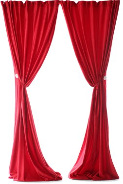 Beyaz arka plan üzerinde izole kırmızı kadife perdeler