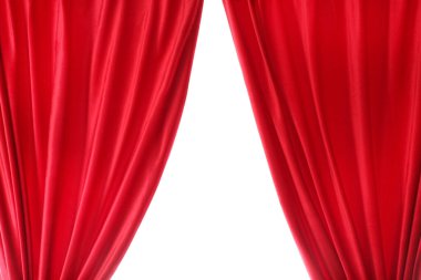 Beyaz arka plan üzerinde izole kırmızı kadife perdeler