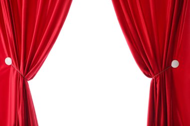 Beyaz arkaplanda izole edilmiş kırmızı kadife perdeleri aç