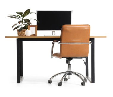 Beyaz arka planda modern bilgisayar ve ev bitkisine sahip şık çalışma alanı