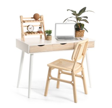 Modern dizüstü bilgisayarı ve beyaz arka planda izole edilmiş ev bitkisi ile şık çalışma alanı