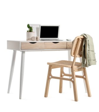 Modern dizüstü bilgisayarı ve beyaz arka planda izole edilmiş ev bitkisi ile şık çalışma alanı