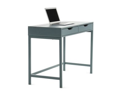 Modern dizüstü bilgisayarı beyaz arkaplanda izole edilmiş şık çalışma alanı