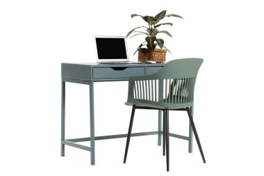 Modern dizüstü bilgisayarı ve beyaz arka planda izole edilmiş ev bitkisi ile şık çalışma alanı