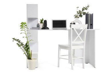 Modern bilgisayar, dizüstü bilgisayar, ev bitkileri ve rafları beyaz arkaplanda izole edilmiş lüks çalışma alanı