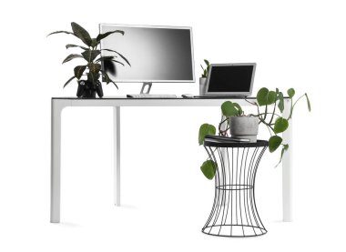 Modern bilgisayar, dizüstü bilgisayar ve beyaz arka planda izole edilmiş ev bitkileriyle şık çalışma alanı