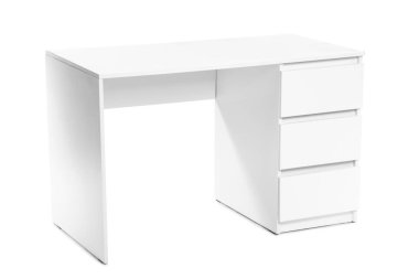 Beyaz arkaplanda çekmeceleri olan şık bir tablo