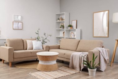 Modern oturma odasının içinde şık gri koltuklar, kahve masası ve ev bitkileri var.