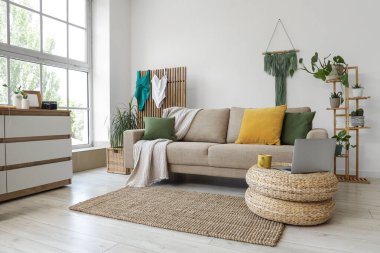 Oturma odasının içinde kanepe, katlanan mayolar ve bitkiler.