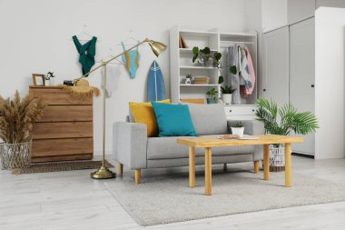 Oturma odasının içinde kanepe, dolap ve mayo var.