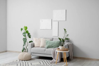 Gri kanepesi, çiçekleri ve resimleri olan modern bir oturma odası.