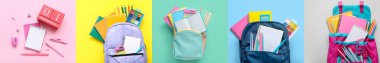 Okul sırt çantalarıyla kolaj ve renk arkaplanı üzerine kırtasiye, üst görünüm