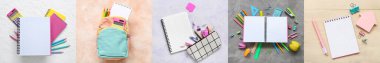 Renk arkaplanı ve üst görünümde okul kırtasiyesiyle kolaj
