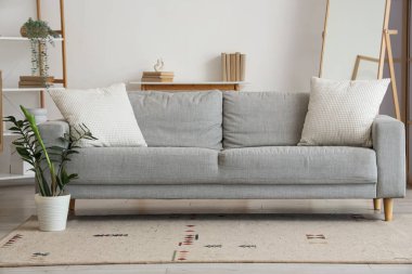 Gri kanepeli, çiçekli ve aynalı şık bir oturma odası.