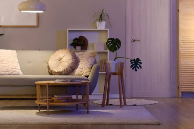 Gri kanepe, masa ve gece lambasıyla oturma odasının içinde.