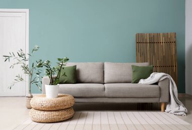 Gri kanepeli, katlanır perdeli ve bitkilerli şık bir oturma odası.