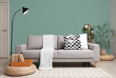 Gri kanepesi, lambası ve yeşil bitkileri olan şık bir oturma odası.