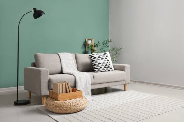 Gri kanepesi, lambası ve yeşil bitkileri olan şık bir oturma odası.