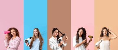 Arka planda saç kurutma makineleri olan bir grup güzel genç kadın.