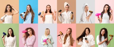 Arka planda saç kurutma makineleri olan güzel genç kadınların kolajı