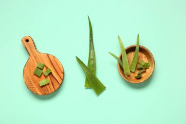 Turkuaz arka planda aloe vera yapraklarıyla kesme tahtası ve kase