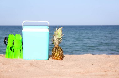 Plaj soğutucusu, palet ve kumdaki olgun ananas.