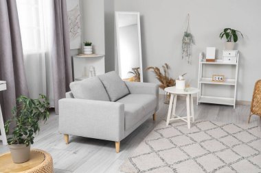 Rahat kanepesi, sehpası ve halısı olan aydınlık modern oturma odası.