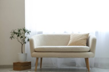 Şık oturma odasının içinde kanepe, çiçek ve ışık perdeleri var.