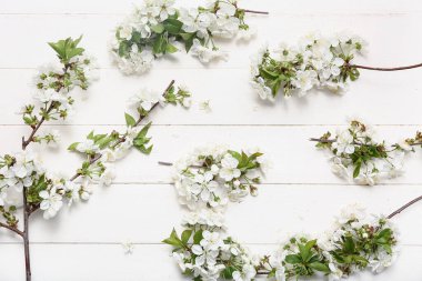 Beyaz ahşap arka planda çiçek açan güzel dallar.