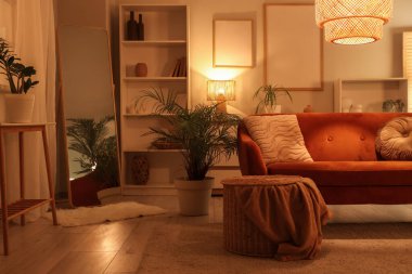 Rahat bir kanepe, oturma odasının içinde ekose ve ayna olan bir sepet.