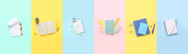 Not defterlerinin kolajı ve renk arkaplanı üzerindeki farklı kırtasiye, üst görünüm