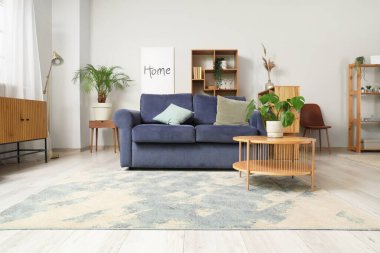 Rahat kanepesi, sehpası ve bitkisi olan modern bir oda.