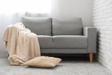 Şık oturma odasının içinde kanepe, battaniye ve ışık perdeleri