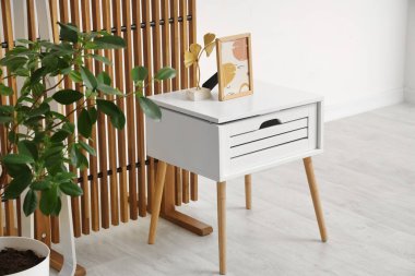 Kahve masasında fotoğraf çerçevesi, ev bitkisi ve şık bir odada katlanır ekran.