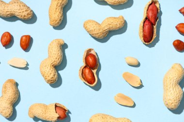 Mavi arka planda soyulmamış ve soyulmamış fıstıklar.