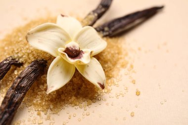 Kapsüllü vanilya şekeri ve bej arka planda çiçek, bej