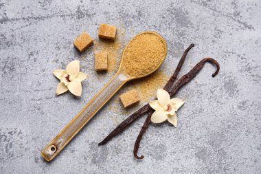 Tahta kaşık vanilya şekeri, kapsüller ve çiçekler gri arka planda.