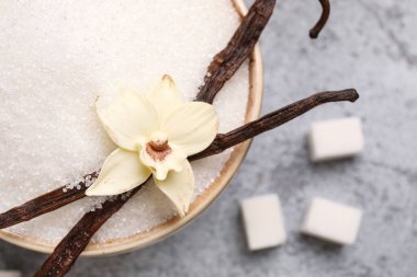 Kapsüllü vanilya şekeri ve gri arka planda çiçek, yakın plan.