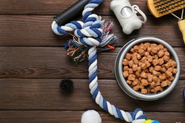 Tahta arka planda bir kase ıslak yiyecek ve hayvan bakım aksesuarı ile kompozisyon