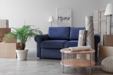 Cardboard boxes, sofa and furniture in new living room on moving day