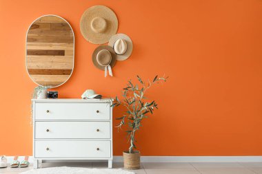 Ayna, klozet ve şapkalı şık bir koridor.