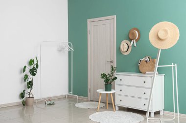 Kapısı, askısı ve tuvaleti olan şık bir koridor.