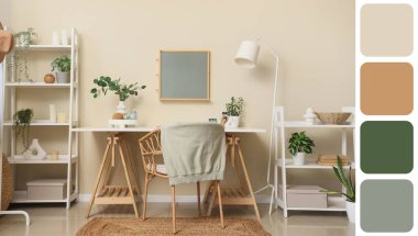 Tuvalet masası, raf üniteleri ve bitkilerle dolu bir oda. Farklı renk desenleri