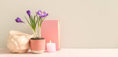 Güzel çiçekli tencere, dekoratif deniz kabuğu, kitap ve yanan mum beyaz duvarın yanındaki masada.