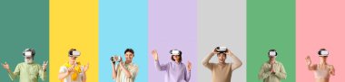 Renk arkaplanında VR gözlüğü olan farklı insanların kolajı