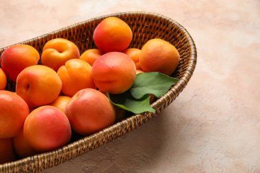 Bej arka planda taze kayısıları olan hasır bir kase.