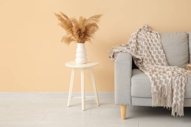 Bej duvarın yanında rahat battaniyeli gri kanepe