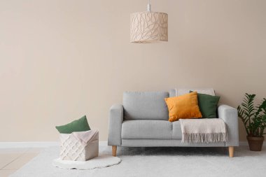 Rahat kanepesi, çiçekleri, lambası ve yastıkları olan beyaz oturma odası.