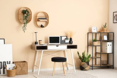 Çalışma yeri, raf ünitesi ve bitkileri olan modern ofis.