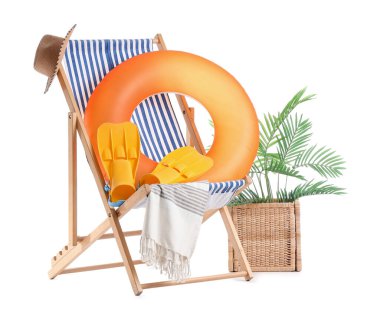 Çizgili güverte sandalyesi, ev bitkisi ve plaj aksesuarları beyaz arka planda izole edilmiş.